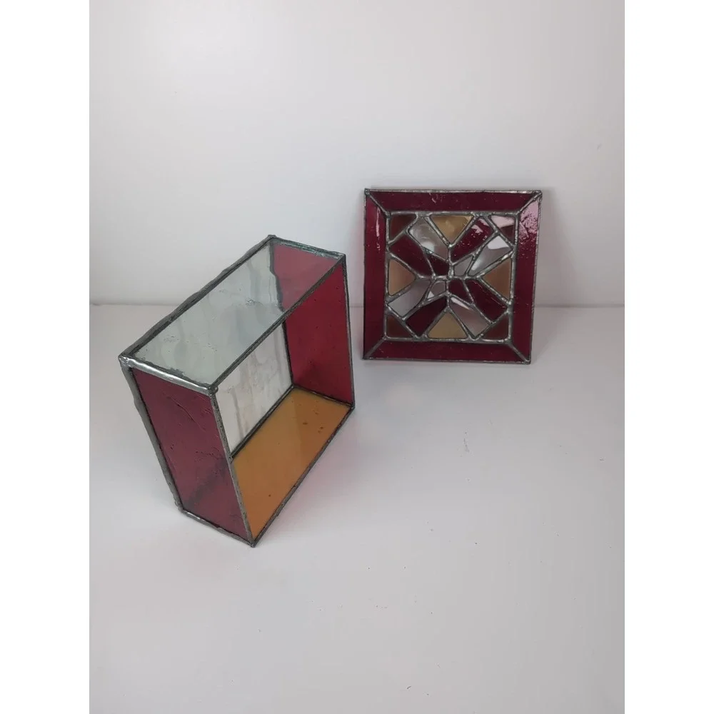 Stained Glass Trinket Box W/Top Red/Yellow Handmade Vintage Jewelry Cosmic 6X6x3